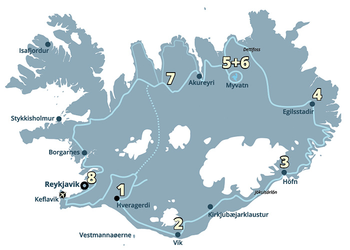 Oplev en gejser, kom tæt på vulkaner, vandre på en gletsjer og bad i skønne geotermiske bade.