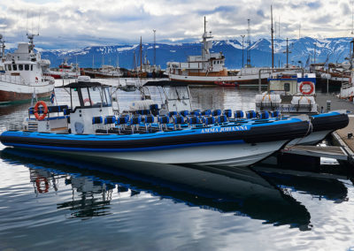 Ribbåd klar til hvalsafari i Husavik på kør-selv ferie bilferie og grupperejser i Island med ISLANDSREJSER