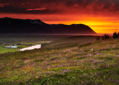 Solnedgang ved Laxá i Nordisland på kør-selv ferie med ISLANDSREJSER