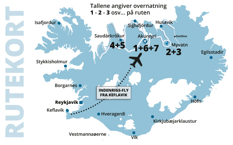 Kør-selv ferie rutekort til Eventyrlige Nord-island.