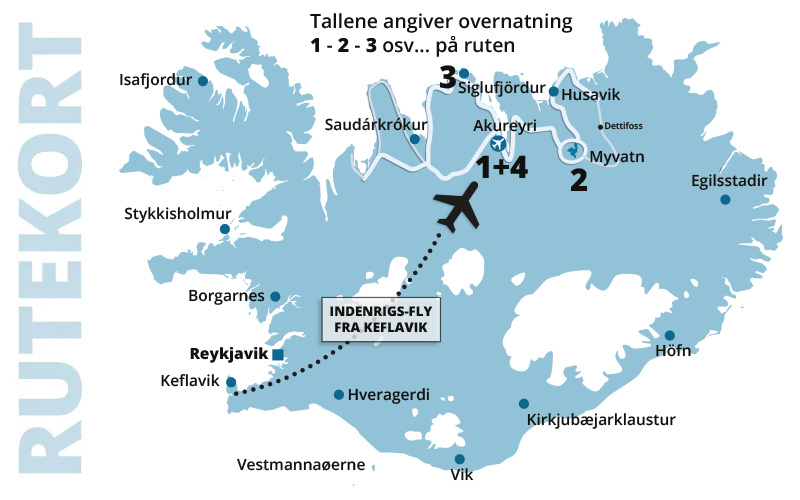 Kør-selv ferie rutekort til Opdag Nord-island.